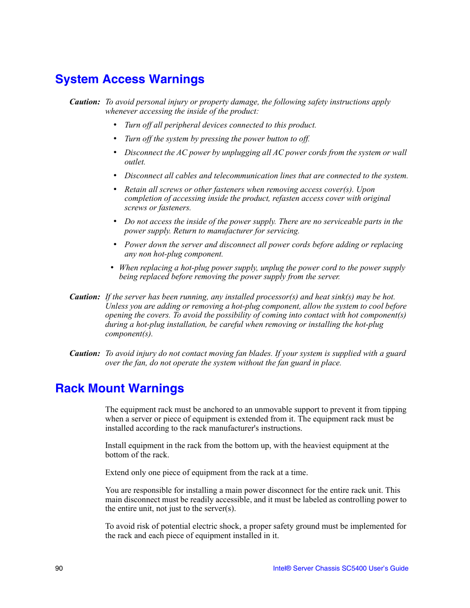 System access warnings, Rack mount warnings | Intel SC5400 User Manual | Page 112 / 146