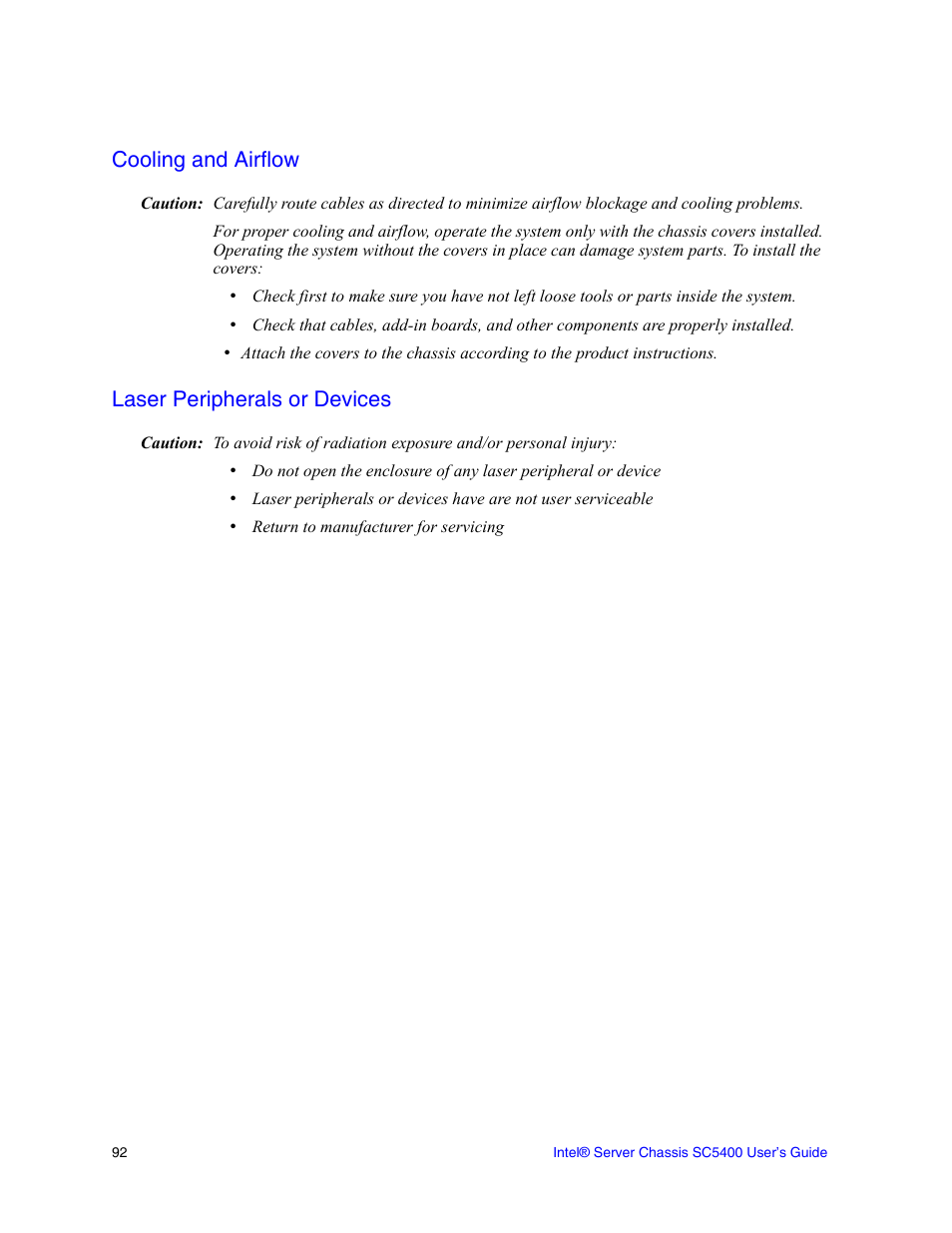 Cooling and airflow, Laser peripherals or devices | Intel SC5400 User Manual | Page 114 / 146