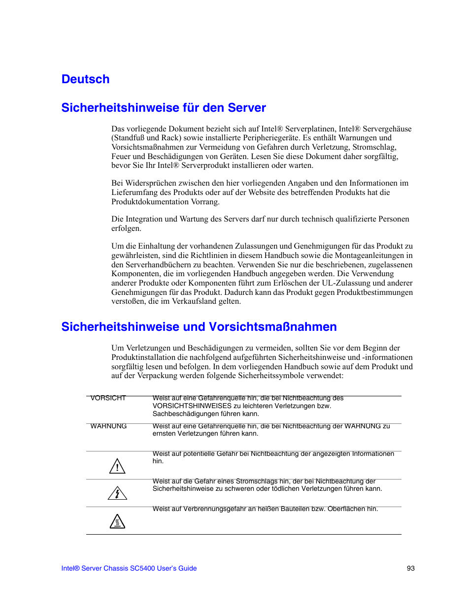 Sicherheitshinweise für den server, Sicherheitshinweise und vorsichtsmaßnahmen, Deutsch sicherheitshinweise für den server | Intel SC5400 User Manual | Page 115 / 146