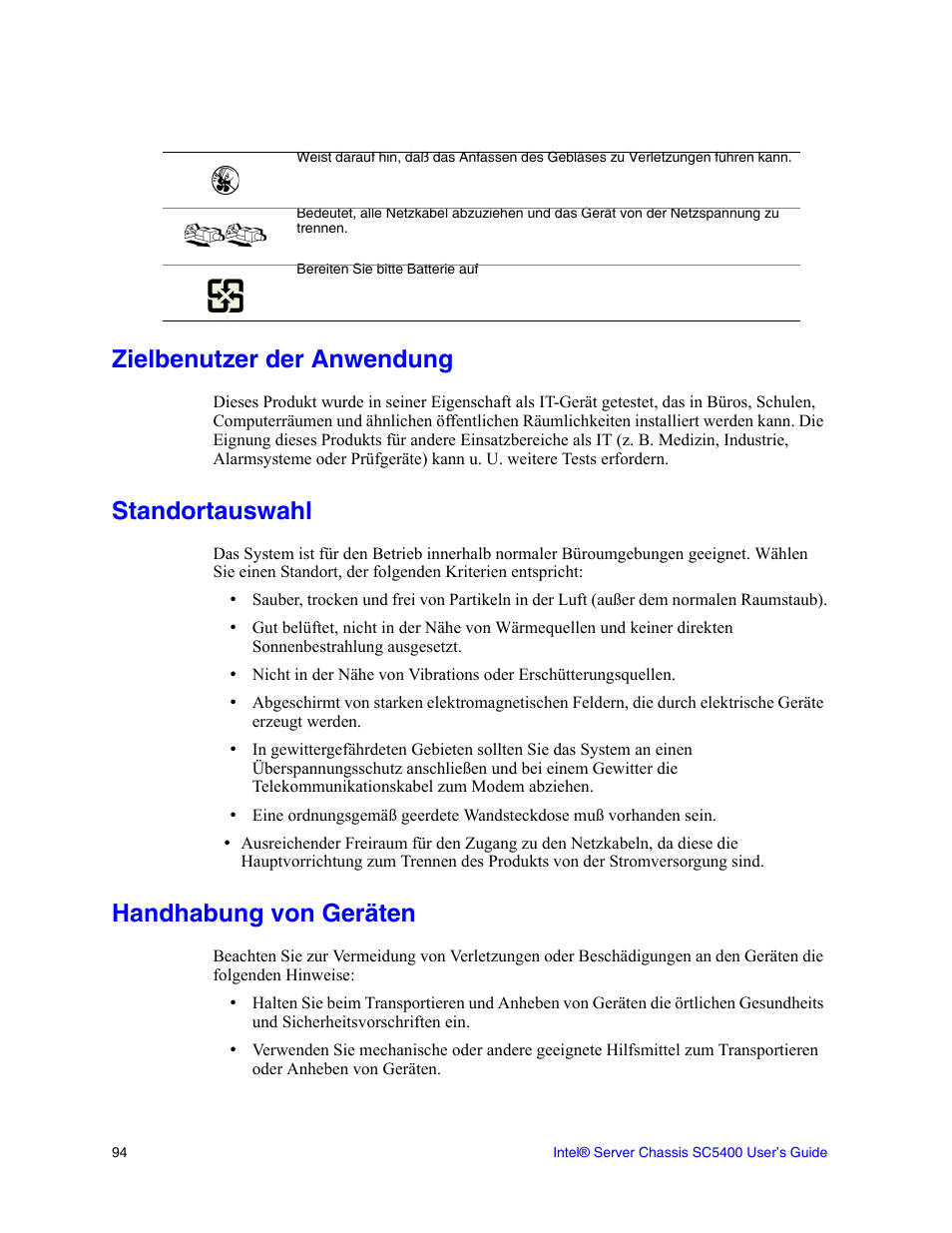 Zielbenutzer der anwendung, Standortauswahl, Handhabung von geräten | Intel SC5400 User Manual | Page 116 / 146