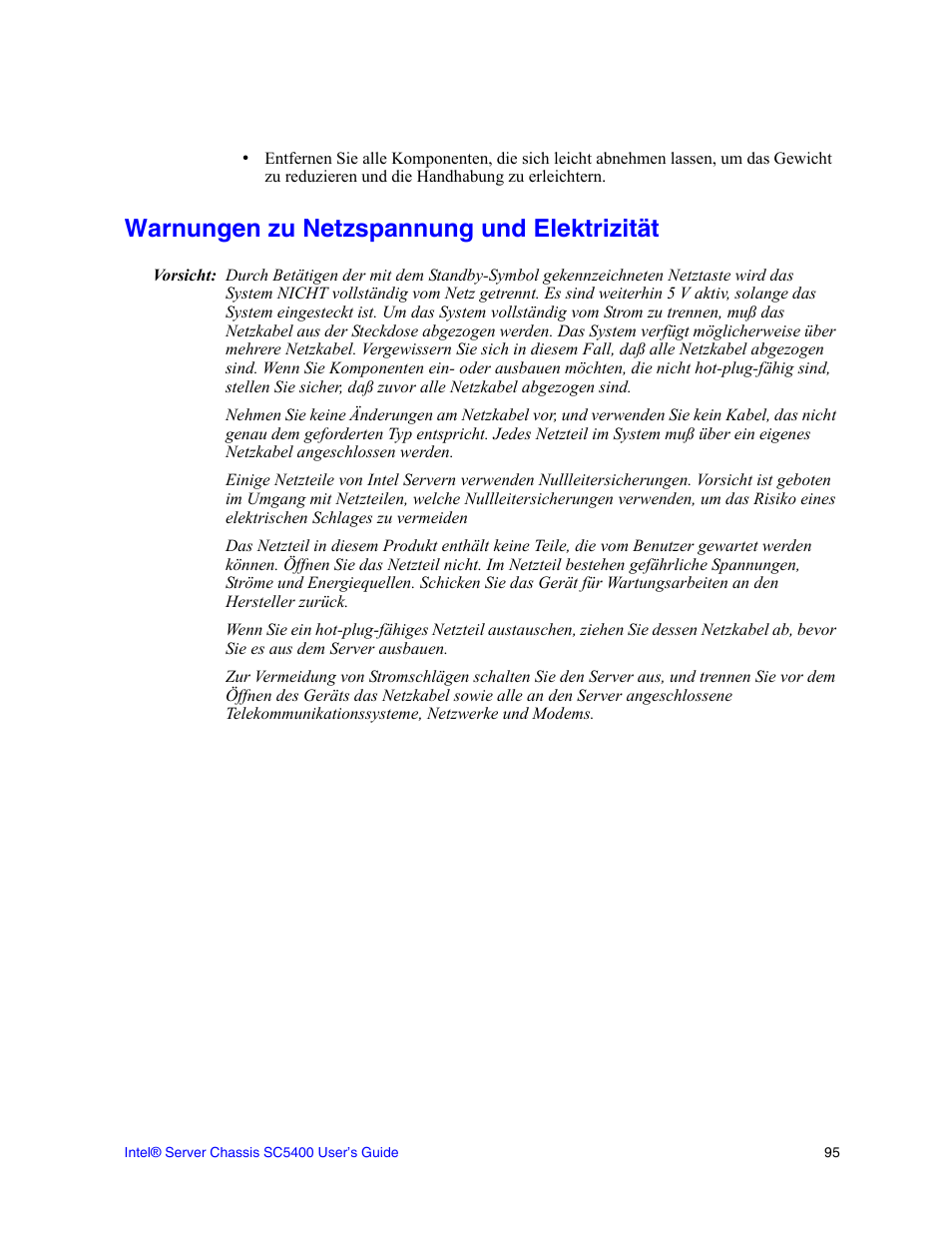 Warnungen zu netzspannung und elektrizität | Intel SC5400 User Manual | Page 117 / 146