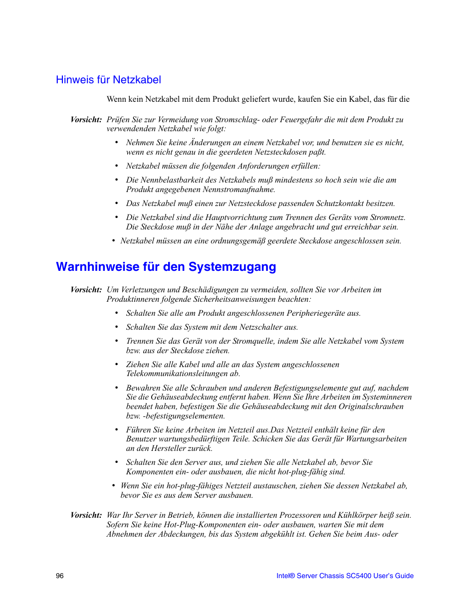 Hinweis für netzkabel, Warnhinweise für den systemzugang | Intel SC5400 User Manual | Page 118 / 146