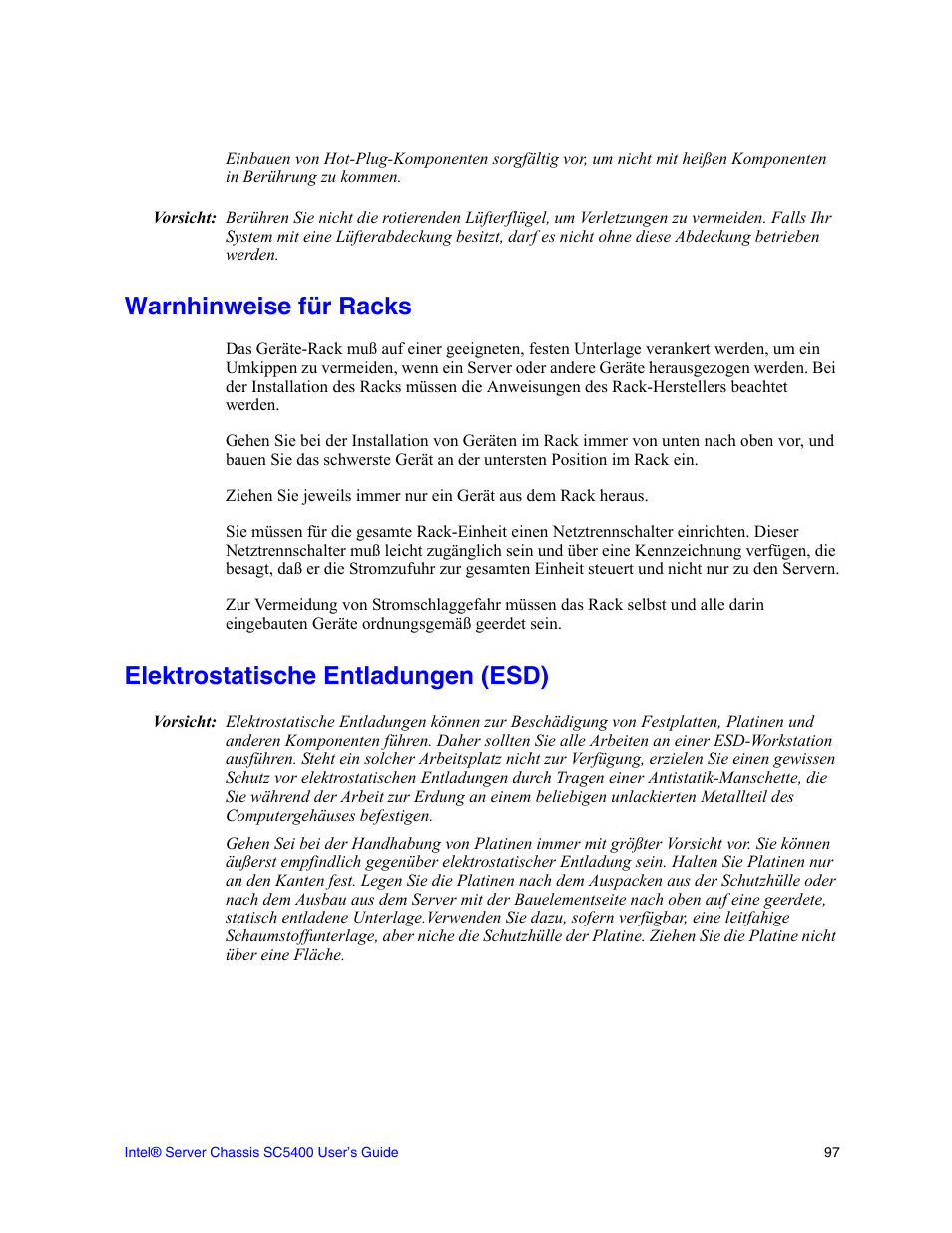 Warnhinweise für racks, Elektrostatische entladungen (esd) | Intel SC5400 User Manual | Page 119 / 146