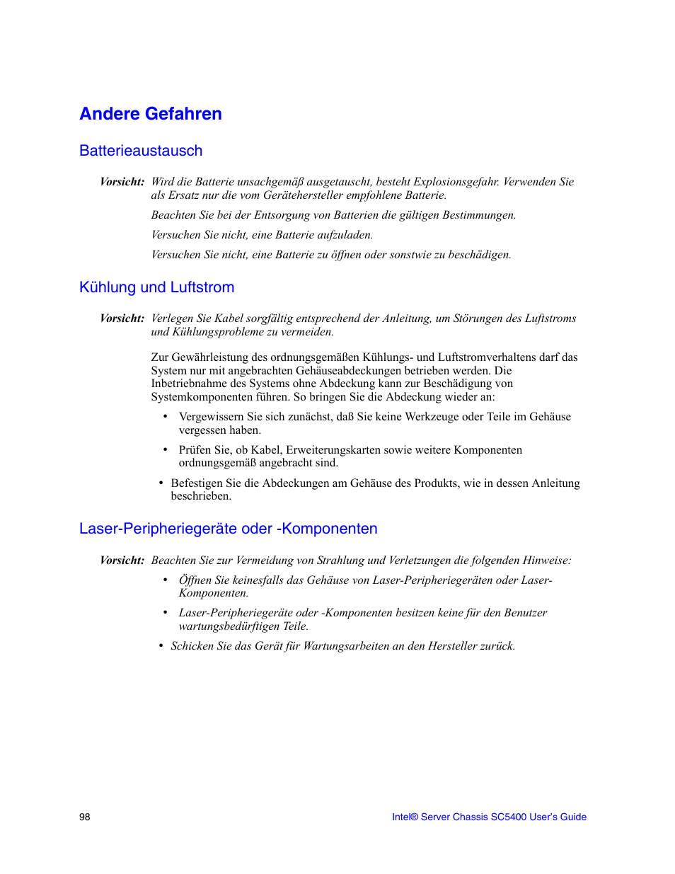 Andere gefahren, Batterieaustausch, Kühlung und luftstrom | Laser-peripheriegeräte oder -komponenten | Intel SC5400 User Manual | Page 120 / 146