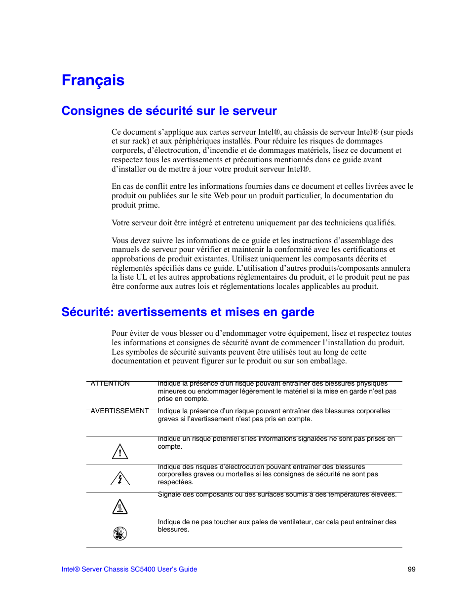 Français, Consignes de sécurité sur le serveur, Sécurité: avertissements et mises en garde | Intel SC5400 User Manual | Page 121 / 146