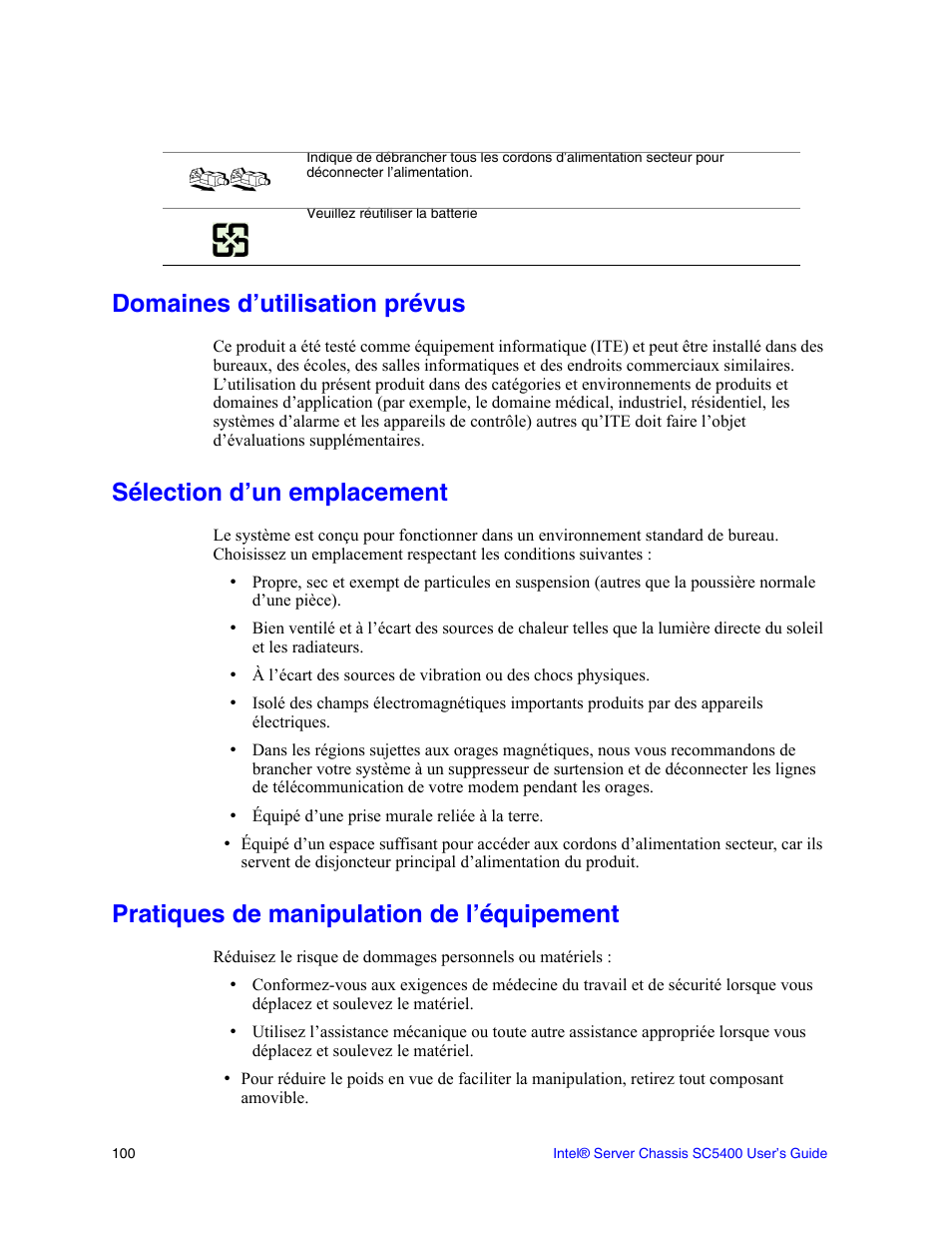 Domaines d’utilisation prévus, Sélection d’un emplacement, Pratiques de manipulation de l’équipement | Intel SC5400 User Manual | Page 122 / 146