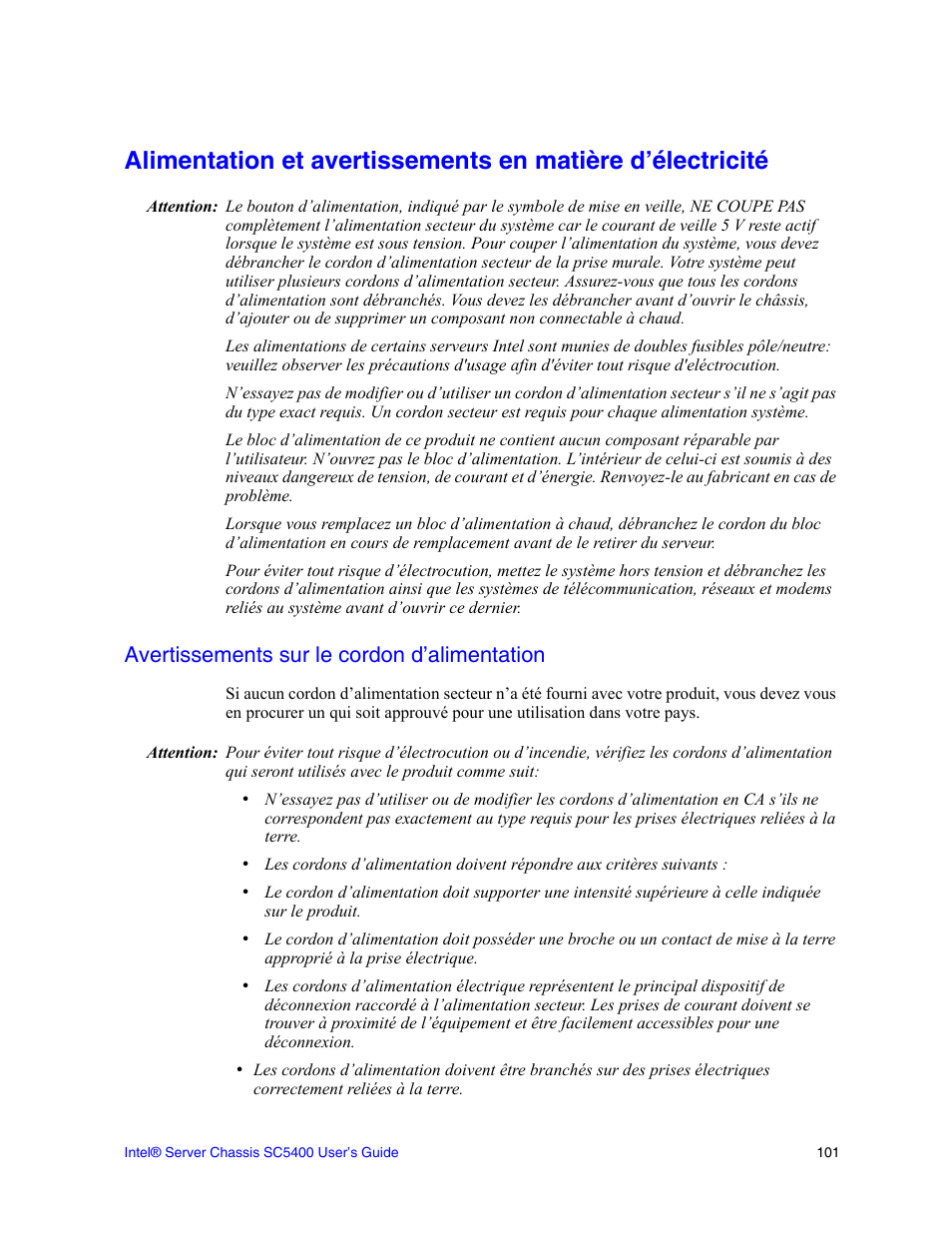 Avertissements sur le cordon d’alimentation | Intel SC5400 User Manual | Page 123 / 146