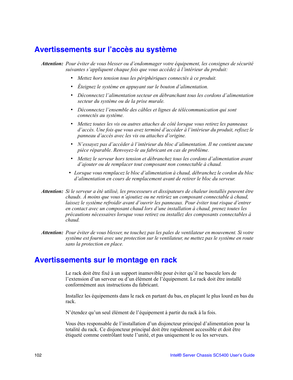 Avertissements sur l’accès au système, Avertissements sur le montage en rack | Intel SC5400 User Manual | Page 124 / 146