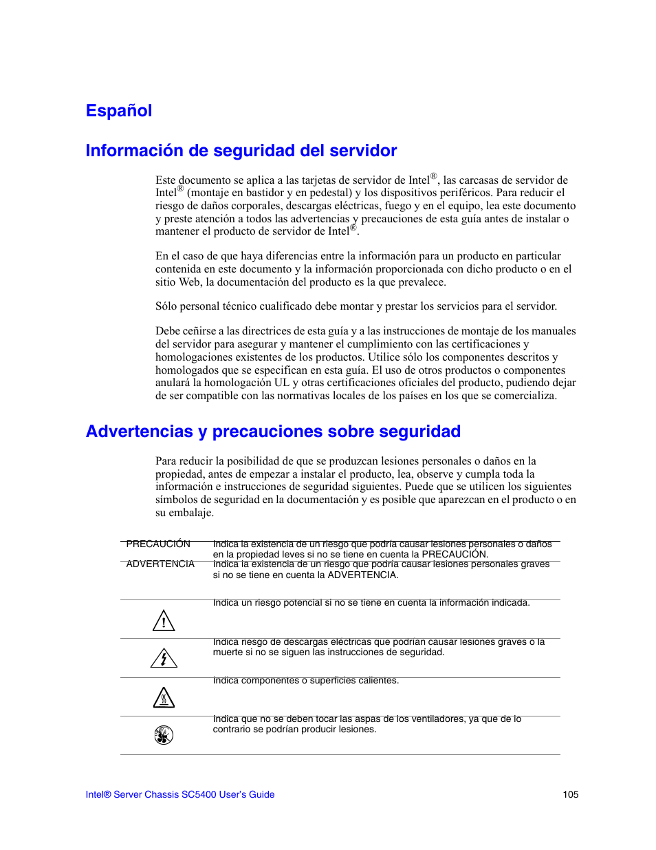 Información de seguridad del servidor, Advertencias y precauciones sobre seguridad, Español información de seguridad del servidor | Intel SC5400 User Manual | Page 127 / 146