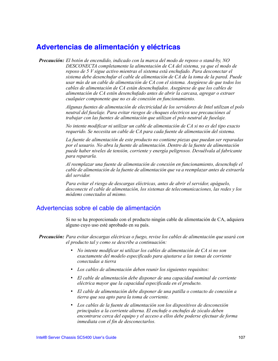 Advertencias de alimentación y eléctricas, Advertencias sobre el cable de alimentación | Intel SC5400 User Manual | Page 129 / 146