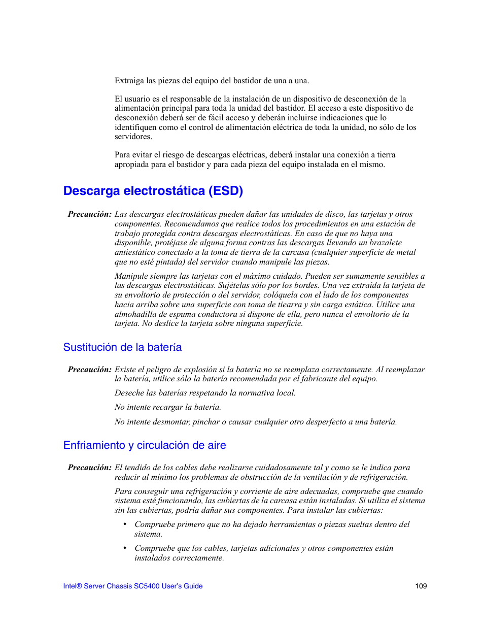Descarga electrostática (esd), Sustitución de la batería, Enfriamiento y circulación de aire | Intel SC5400 User Manual | Page 131 / 146
