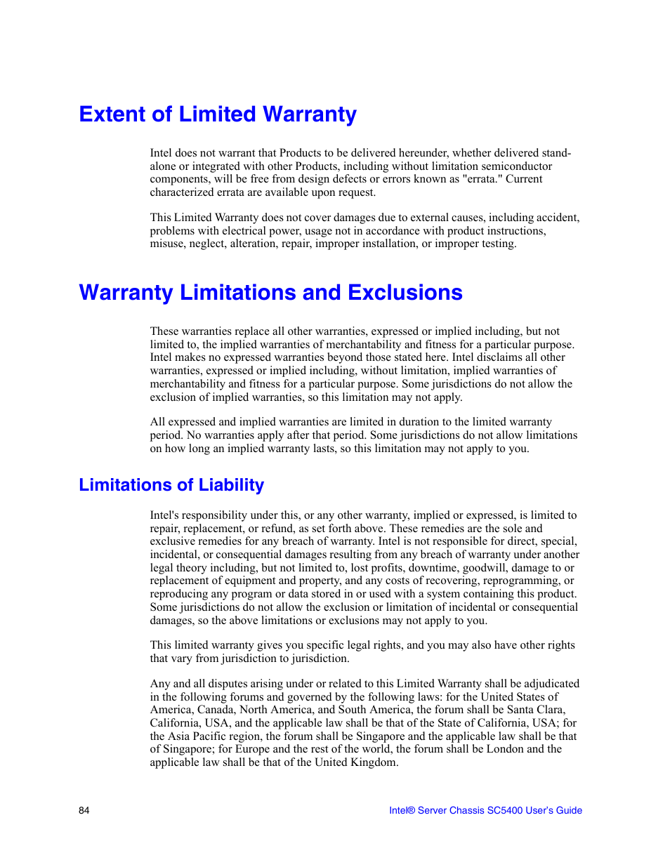 Extent of limited warranty, Warranty limitations and exclusions, Limitations of liability | Intel SC5400 User Manual | Page 140 / 146