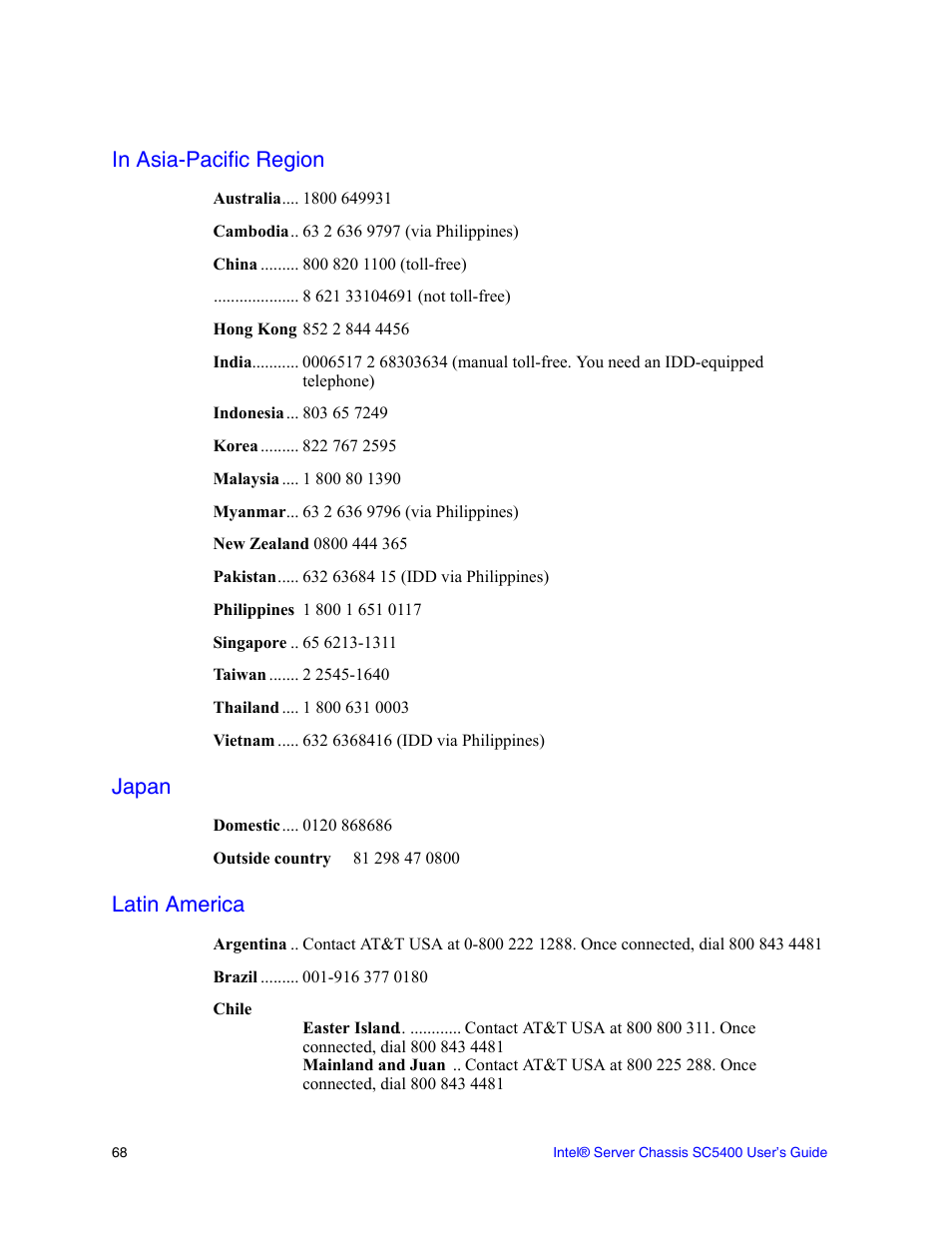 In asia-pacific region, Japan, Latin america | Intel SC5400 User Manual | Page 144 / 146