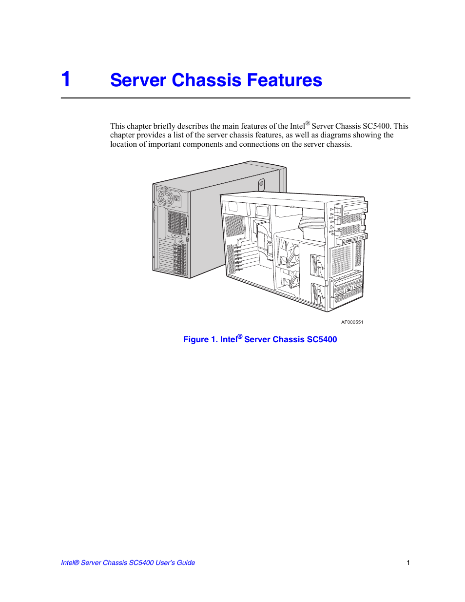 1 server chassis features, Figure 1. intel, Server chassis features | Intel SC5400 User Manual | Page 19 / 146