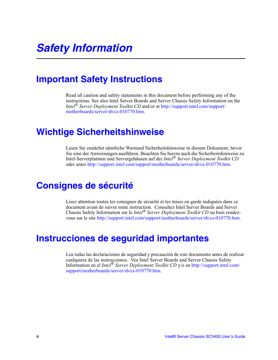 Safety information, Important safety instructions, Wichtige sicherheitshinweise | Consignes de sécurité, Instrucciones de seguridad importantes | Intel SC5400 User Manual | Page 3 / 146