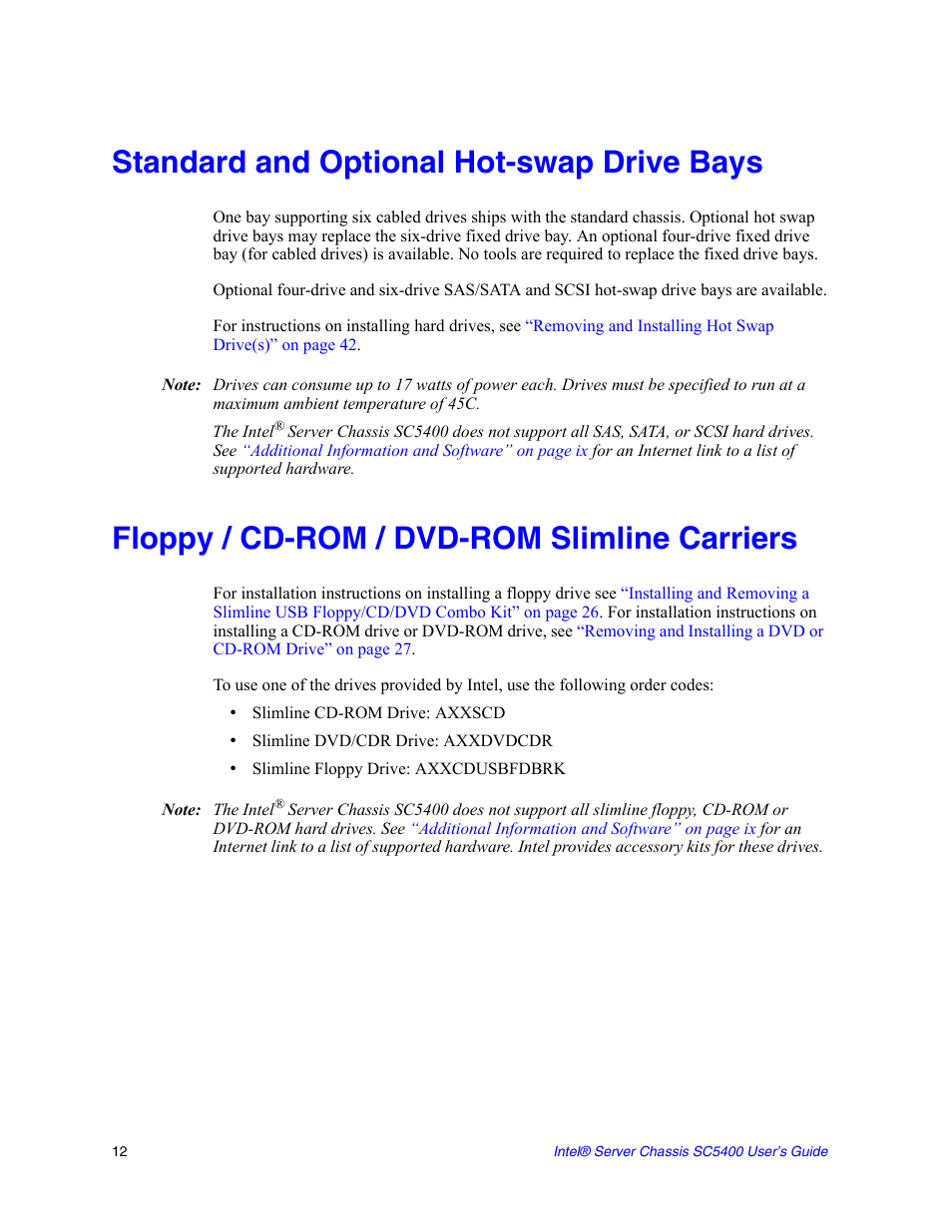 Standard and optional hot-swap drive bays, Floppy / cd-rom / dvd-rom slimline carriers | Intel SC5400 User Manual | Page 30 / 146