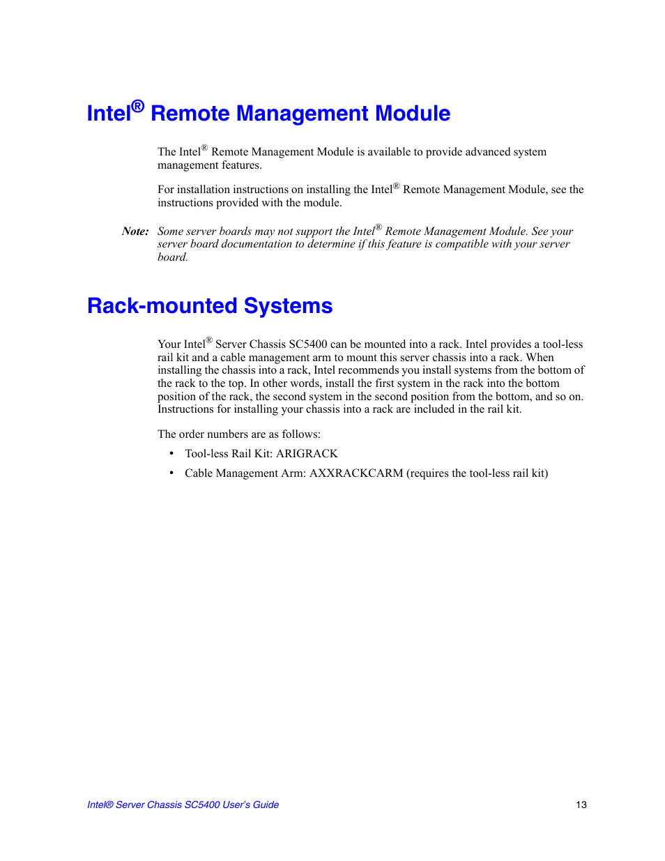 Intel® remote management module, Rack-mounted systems, Intel | Remote management module | Intel SC5400 User Manual | Page 31 / 146