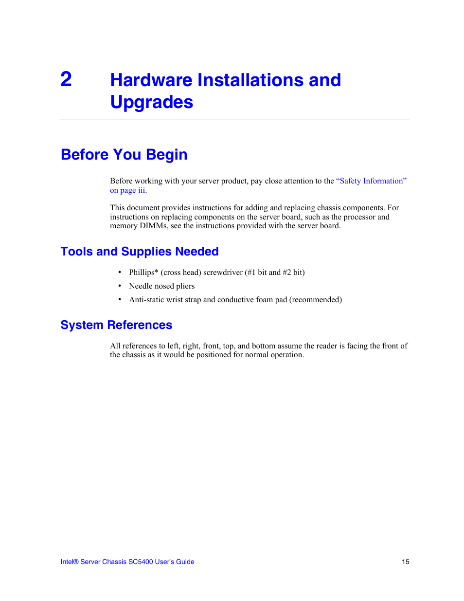 2 hardware installations and upgrades, Before you begin, Tools and supplies needed | System references, Hardware installations and upgrades | Intel SC5400 User Manual | Page 33 / 146