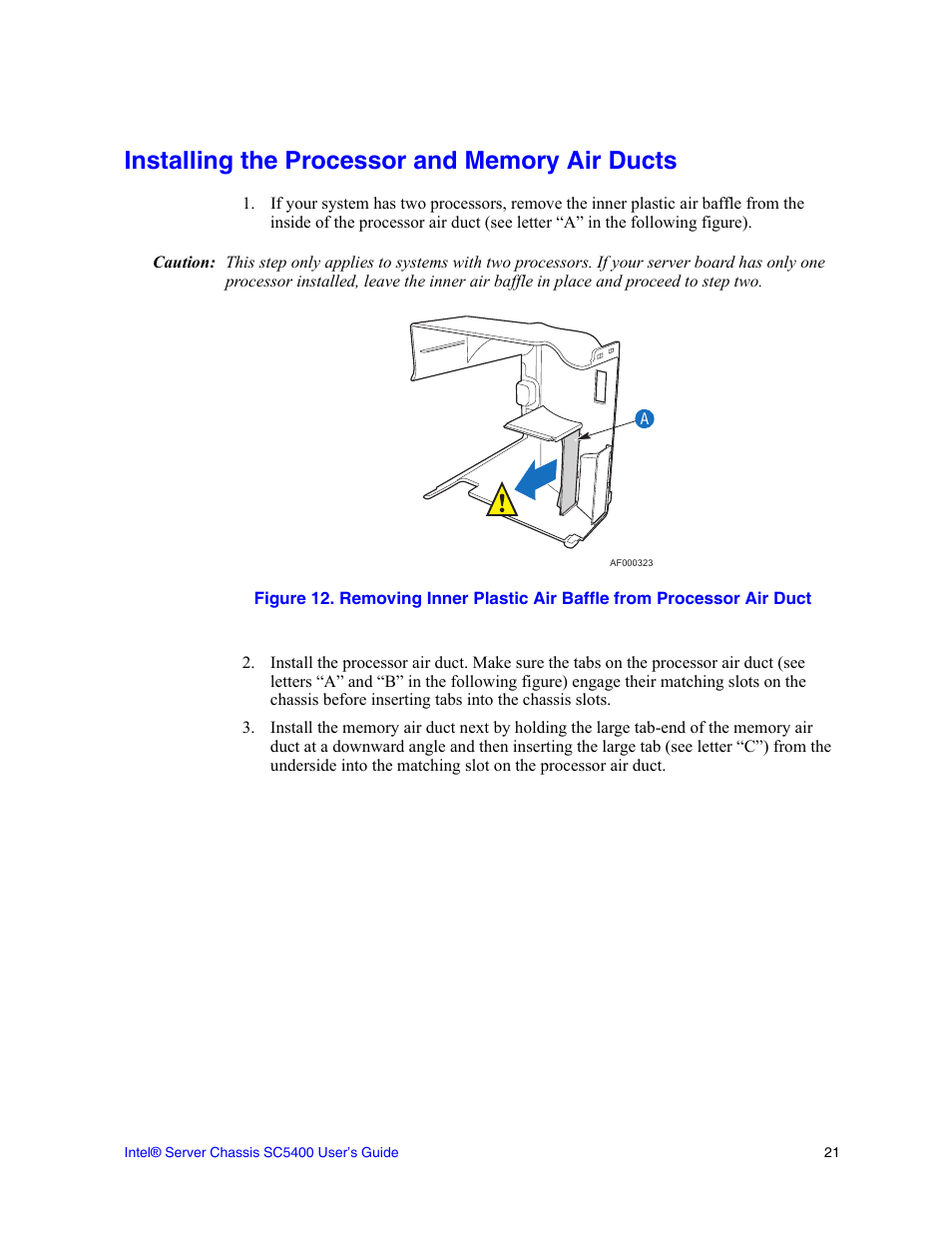 Installing the processor and memory air ducts | Intel SC5400 User Manual | Page 39 / 146