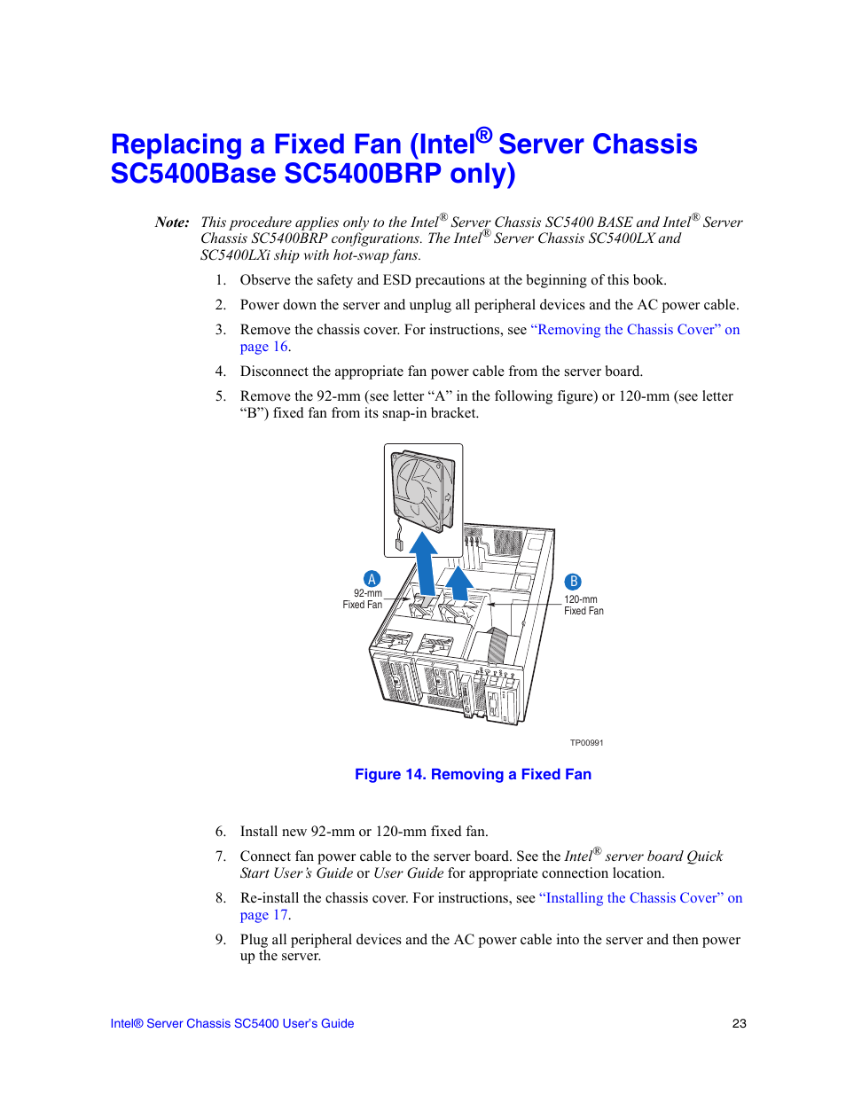 Figure 14. removing a fixed fan, Replacing a fixed fan (intel | Intel SC5400 User Manual | Page 41 / 146