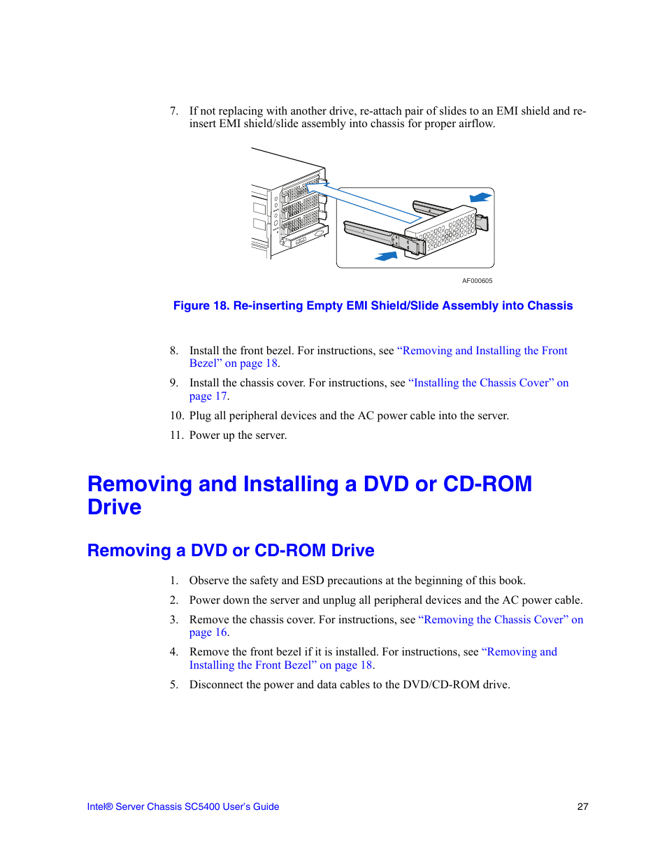 Removing and installing a dvd or cd-rom drive, Removing a dvd or cd-rom drive, Removing and installing a dvd or | Intel SC5400 User Manual | Page 45 / 146