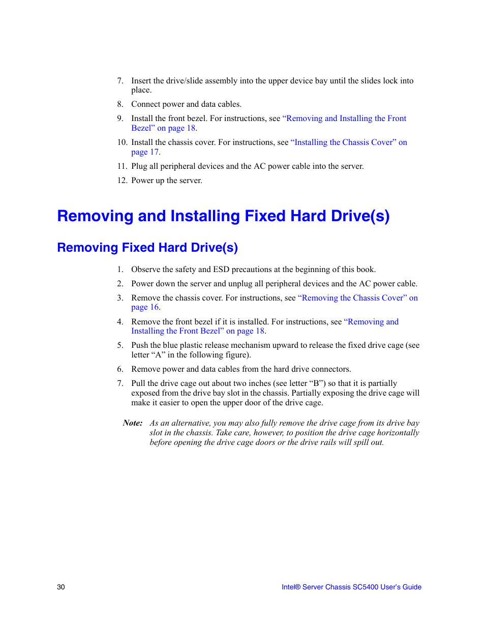 Removing and installing fixed hard drive(s), Removing fixed hard drive(s) | Intel SC5400 User Manual | Page 48 / 146