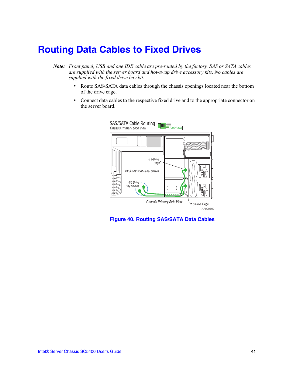 Routing data cables to fixed drives, Figure 40. routing sas/sata data cables | Intel SC5400 User Manual | Page 59 / 146