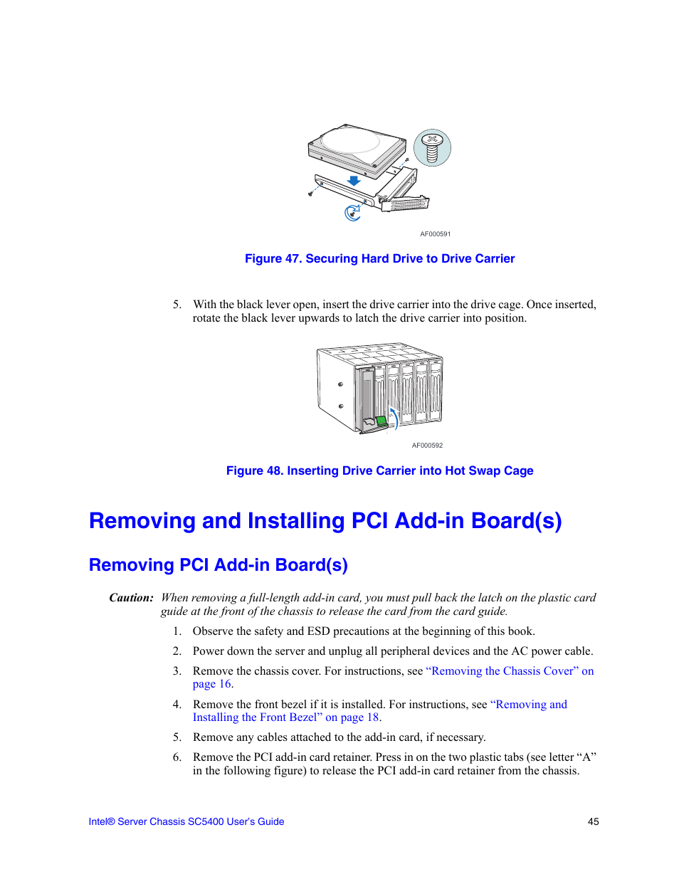 Removing and installing pci add-in board(s), Removing pci add-in board(s) | Intel SC5400 User Manual | Page 63 / 146