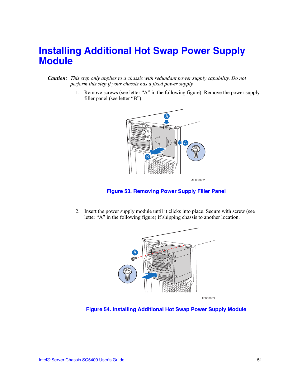 Installing additional hot swap power supply module | Intel SC5400 User Manual | Page 69 / 146