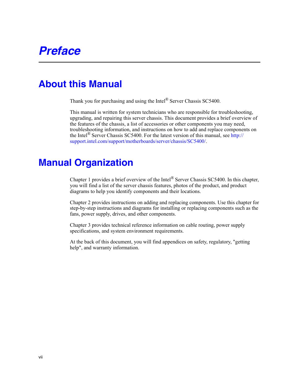 Preface, About this manual, Manual organization | Intel SC5400 User Manual | Page 7 / 146