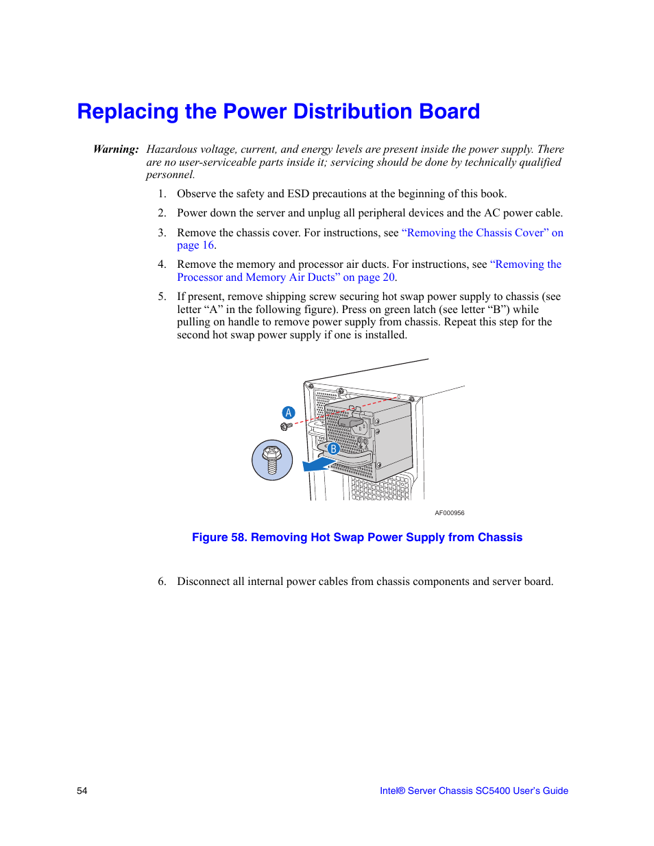 Replacing the power distribution board | Intel SC5400 User Manual | Page 72 / 146