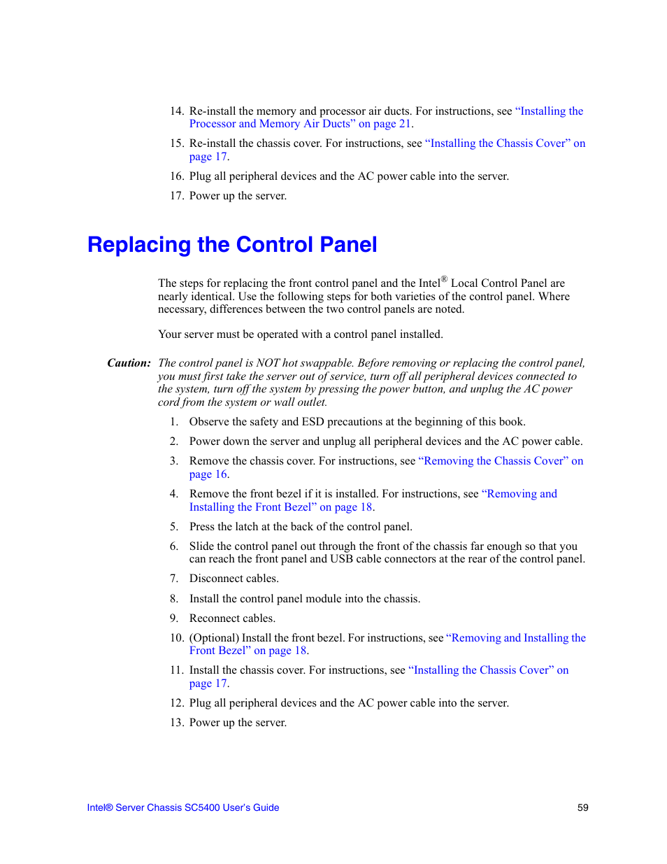 Replacing the control panel | Intel SC5400 User Manual | Page 77 / 146