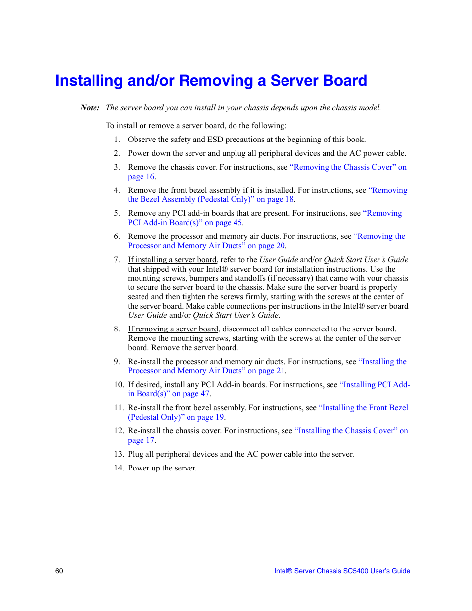 Installing and/or removing a server board | Intel SC5400 User Manual | Page 78 / 146