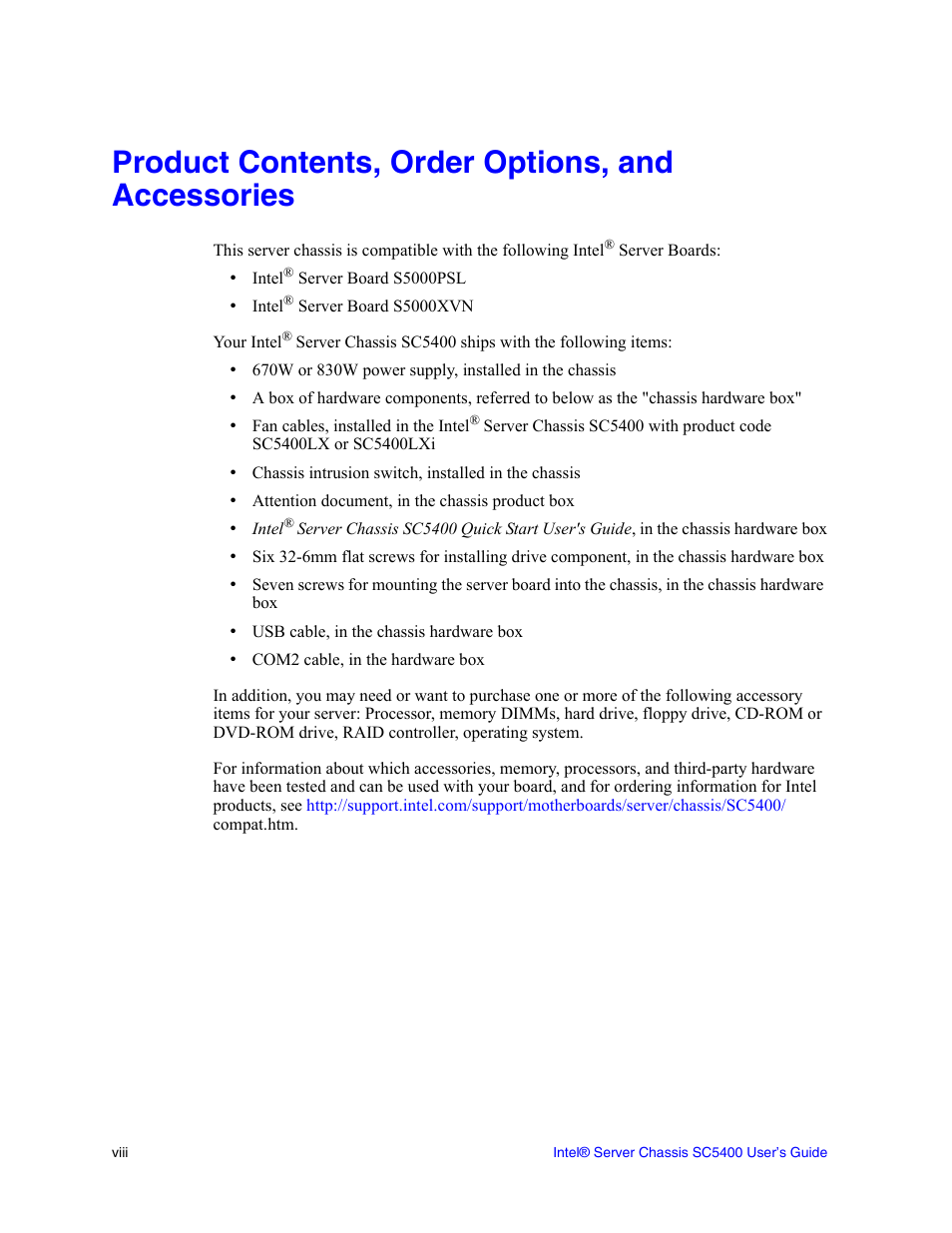Product contents, order options, and accessories | Intel SC5400 User Manual | Page 8 / 146