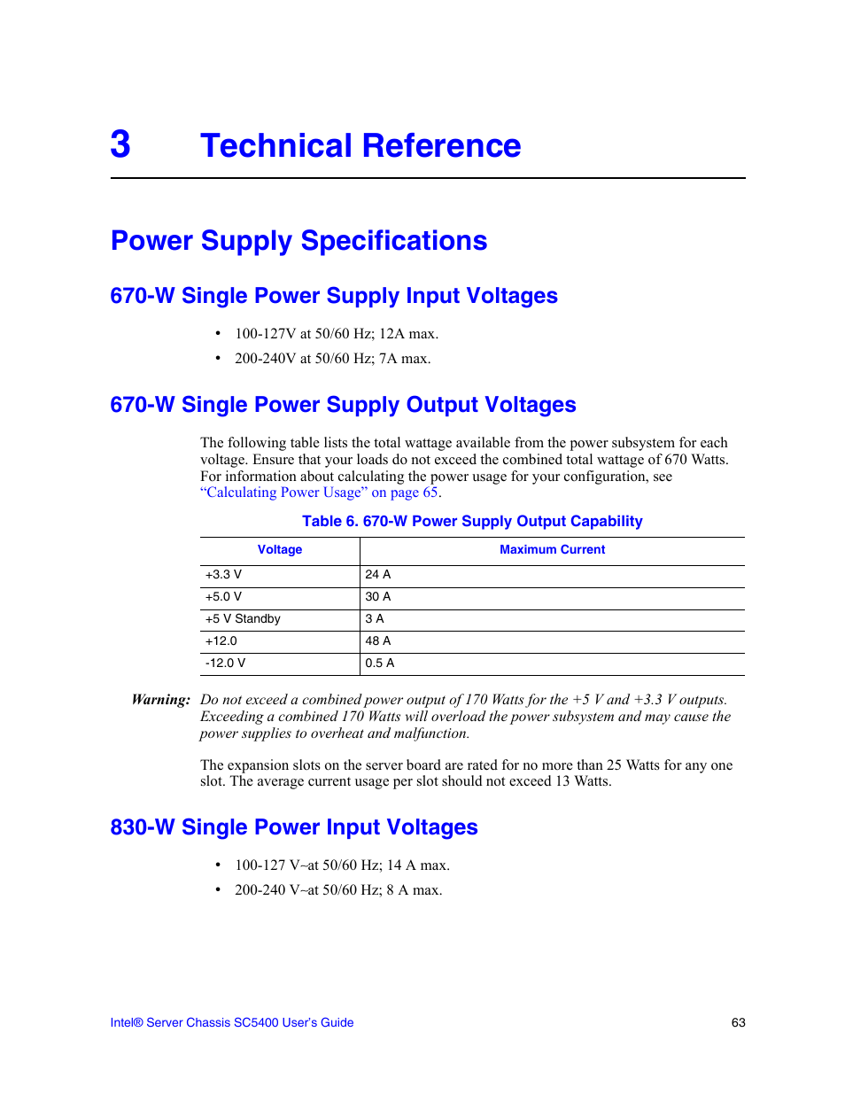 3 technical reference, Power supply specifications, W single power supply input voltages | W single power supply output voltages, W single power input voltages, Technical reference | Intel SC5400 User Manual | Page 81 / 146