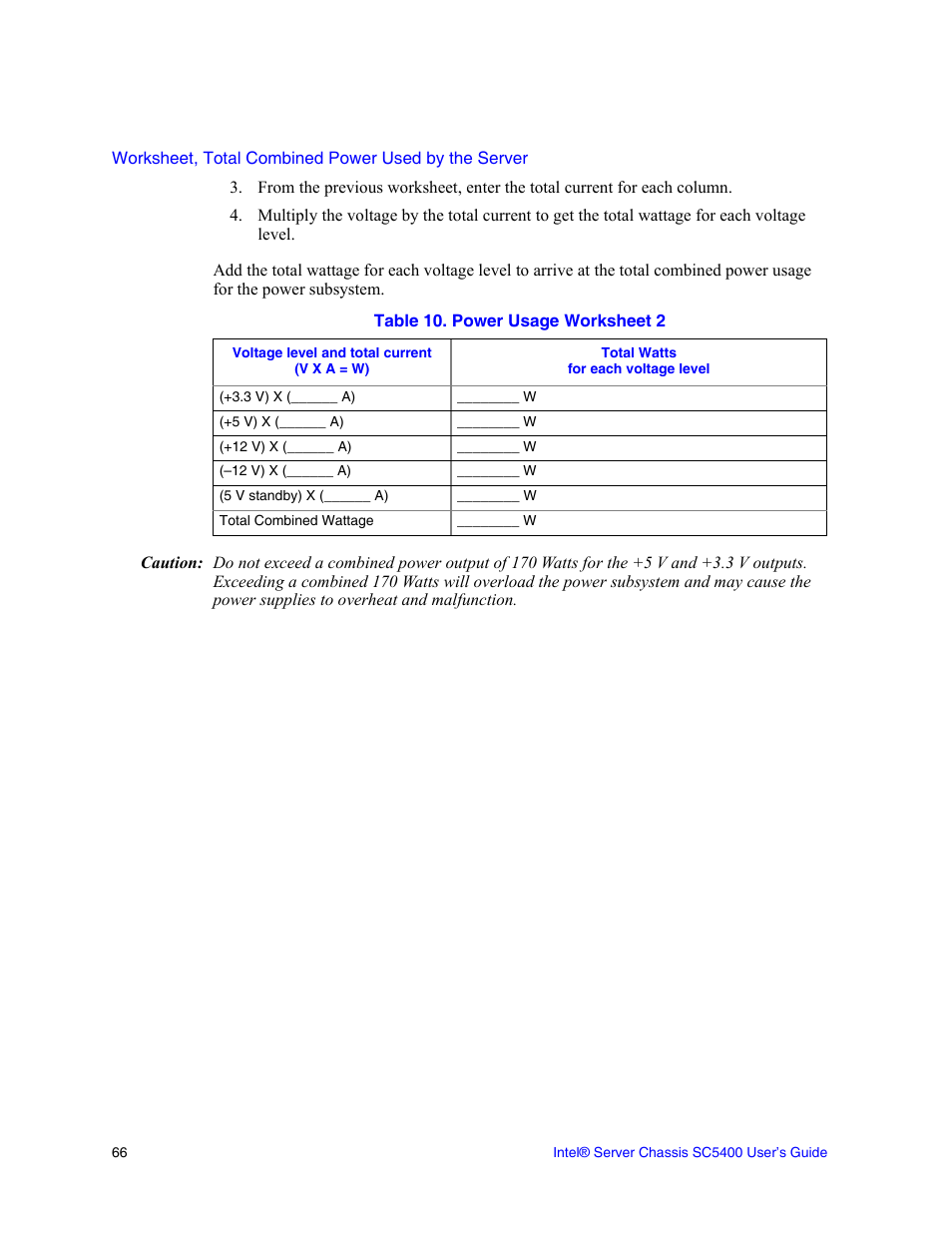 Worksheet, total combined power used by the server | Intel SC5400 User Manual | Page 84 / 146