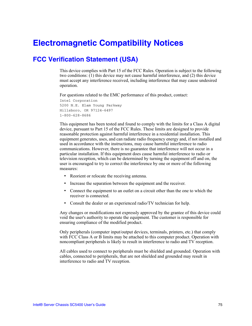 Electromagnetic compatibility notices, Fcc verification statement (usa) | Intel SC5400 User Manual | Page 89 / 146