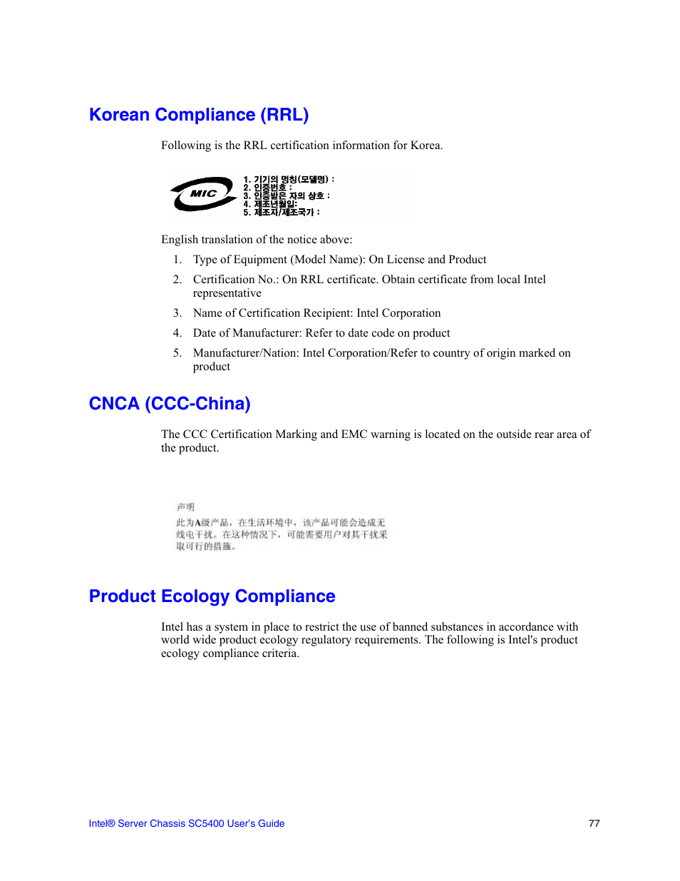 Korean compliance (rrl), Cnca (ccc-china), Product ecology compliance | Intel SC5400 User Manual | Page 91 / 146