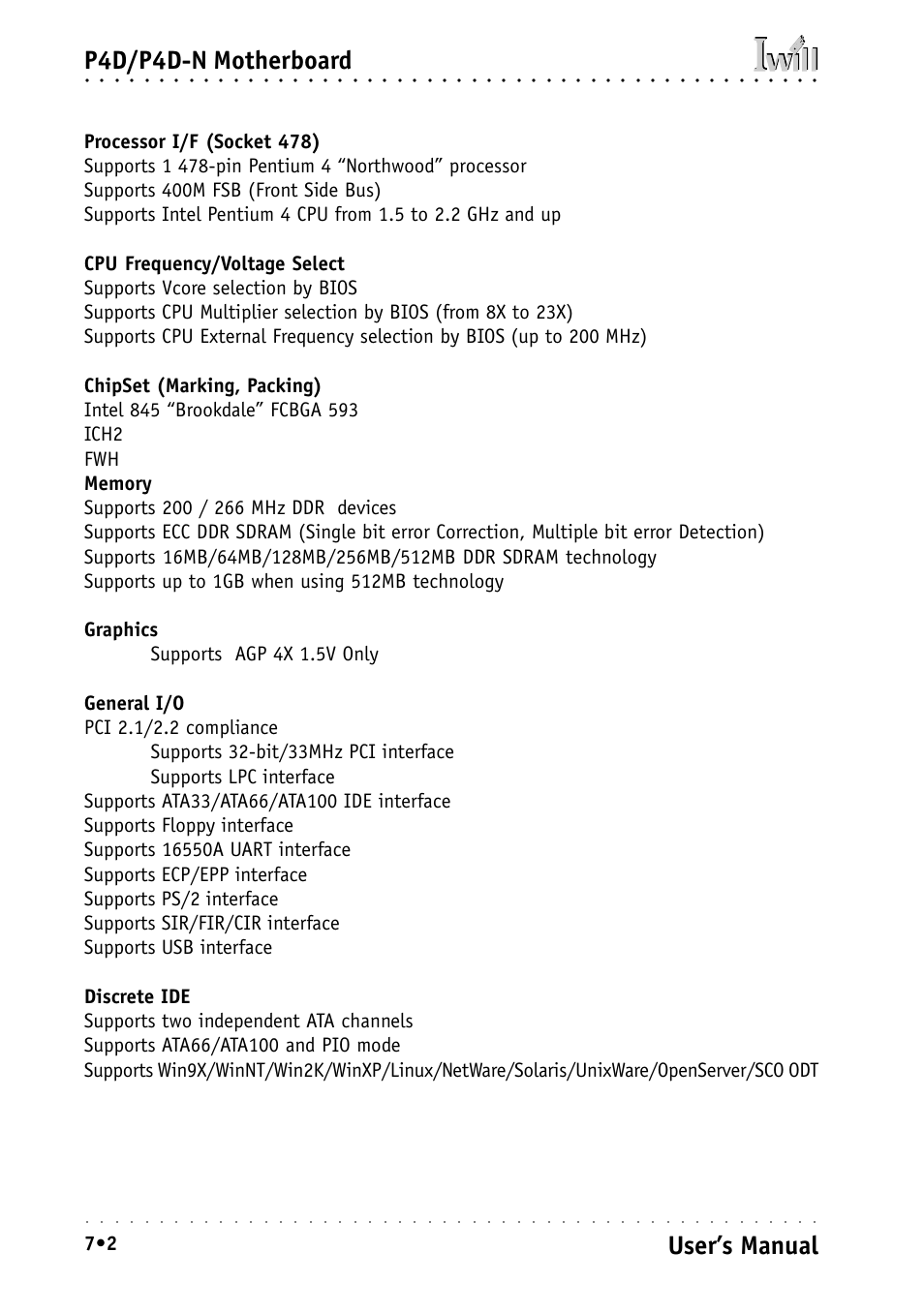 P4d/p4d-n motherboard, User’s manual | Intel IWILL P4D-N User Manual | Page 100 / 104