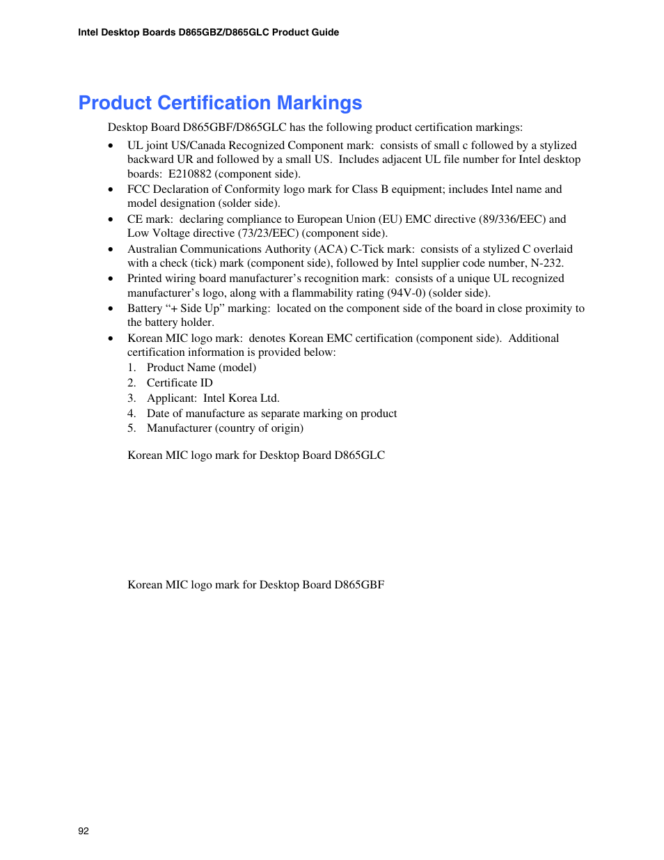 Product certification markings, Emc regulations | Intel D865GBF User Manual | Page 92 / 94
