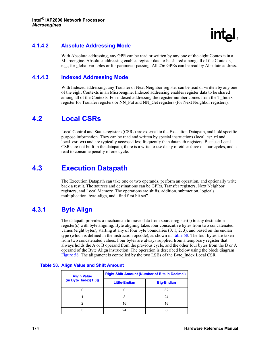 2 absolute addressing mode, 3 indexed addressing mode, 2 local csrs | 3 execution datapath, 1 byte align, Absolute addressing mode, Indexed addressing mode, Local csrs, Execution datapath, Byte align | Intel NETWORK PROCESSOR IXP2800 User Manual | Page 174 / 430