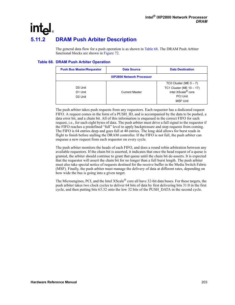 2 dram push arbiter description, 68 dram push arbiter operation | Intel NETWORK PROCESSOR IXP2800 User Manual | Page 203 / 430