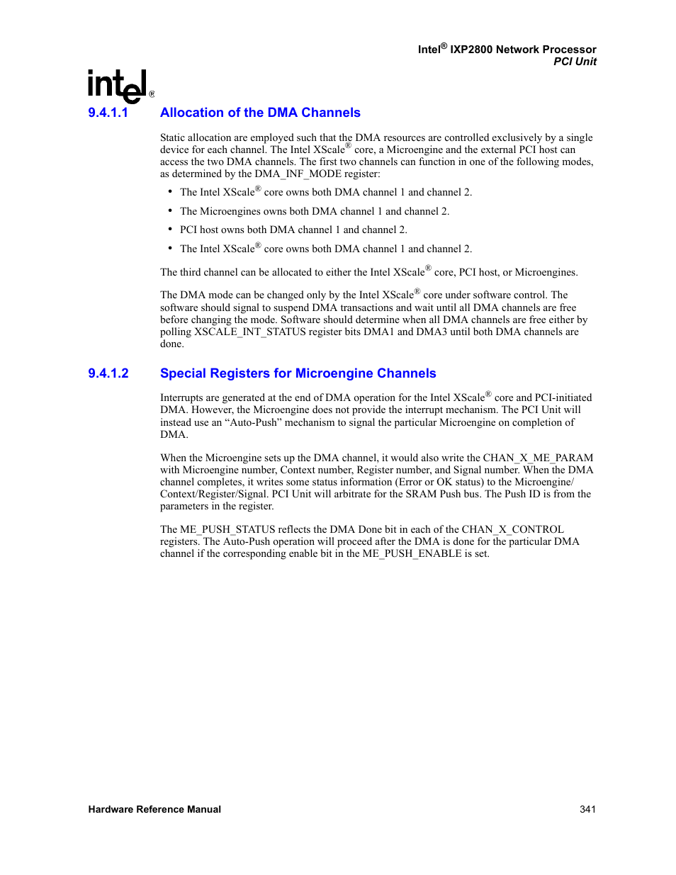 1 allocation of the dma channels, 2 special registers for microengine channels, Allocation of the dma channels | Special registers for microengine channels | Intel NETWORK PROCESSOR IXP2800 User Manual | Page 341 / 430