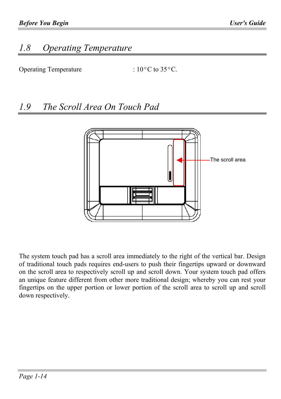 8 operating temperature, 9 the scroll area on touch pad, Perating | Emperature, Croll, Ouch | Intel W653UI1 User Manual | Page 20 / 50