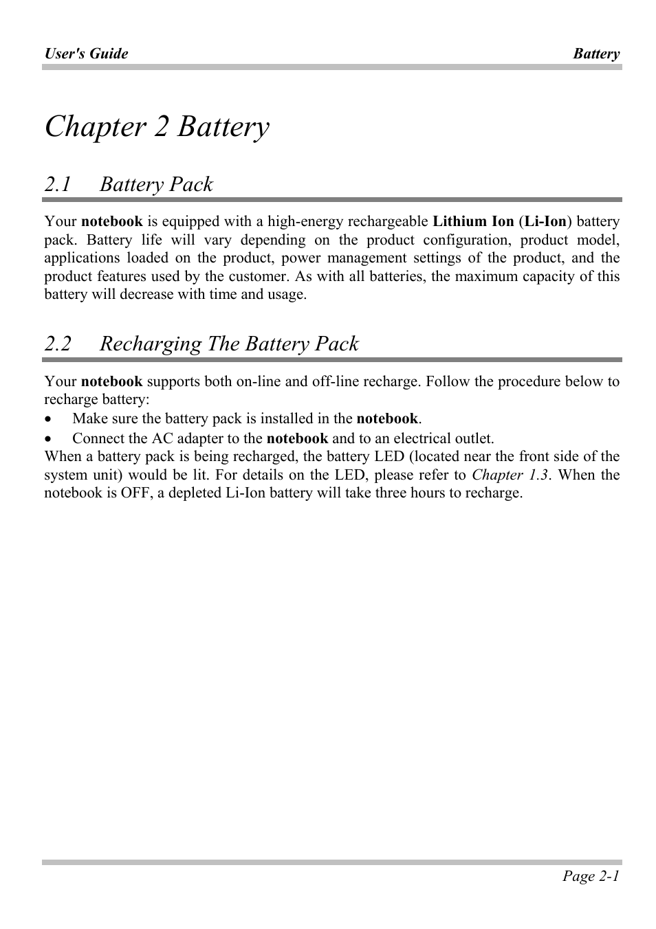 Chapter 2 battery, 1 battery pack, 2 recharging the battery pack | Chapter 2 battery -1, Attery, Echarging | Intel W653UI1 User Manual | Page 25 / 50