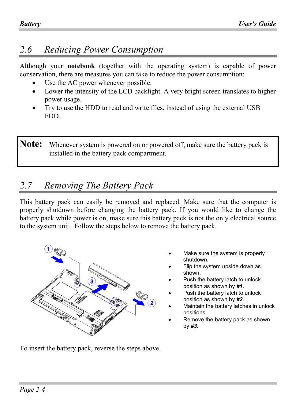 6 reducing power consumption, 7 removing the battery pack, Educing | Ower, Onsumption, Emoving, Attery | Intel W653UI1 User Manual | Page 28 / 50