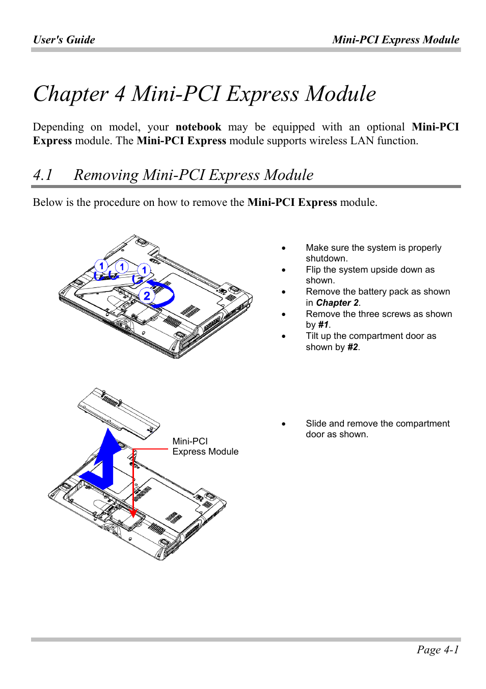 Chapter 4 mini-pci express module, 1 removing mini-pci express module, Chapter 4 mini-pci express module -1 | Emoving, Pci e, Xpress, Odule | Intel W653UI1 User Manual | Page 33 / 50