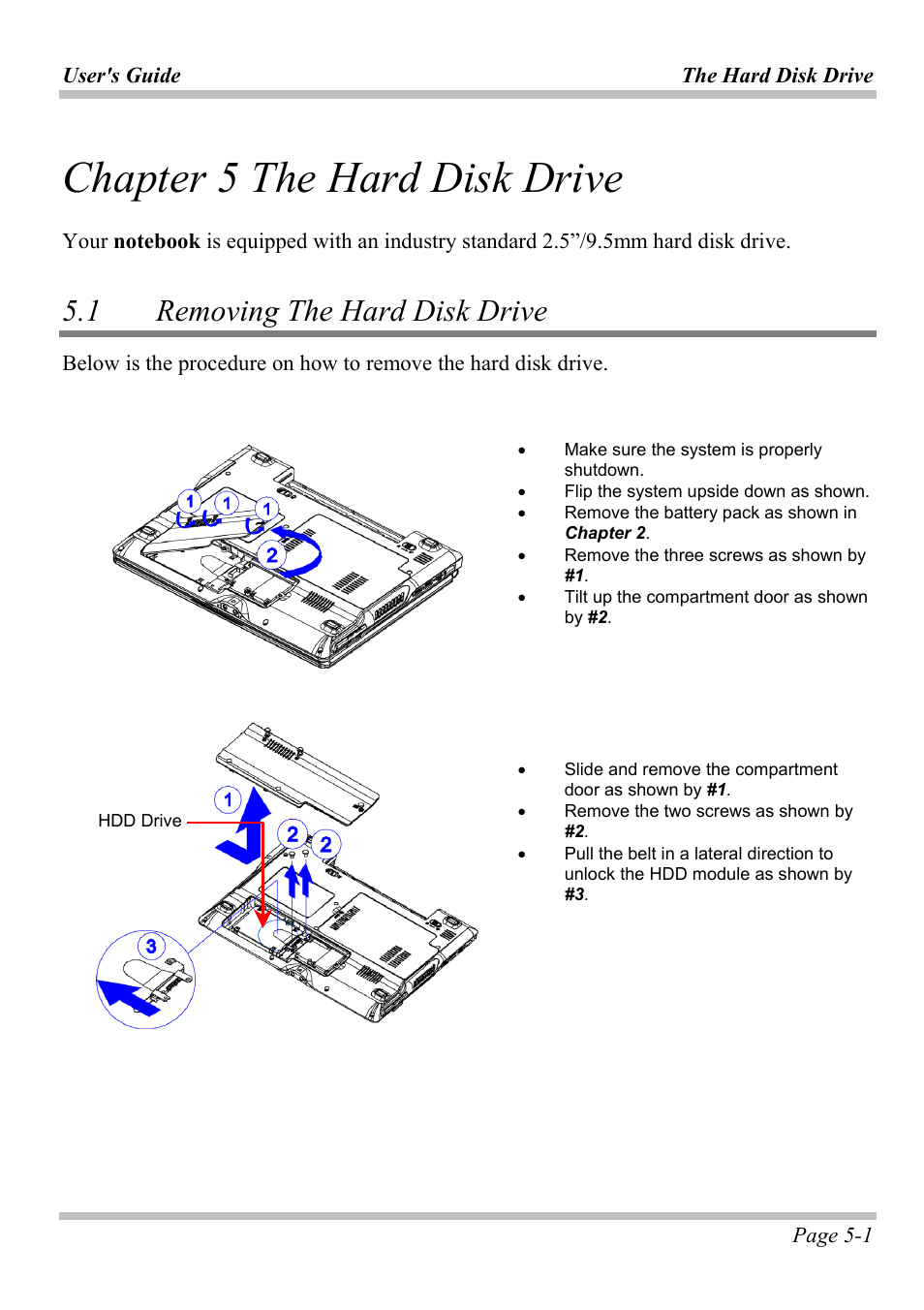 Chapter 5 the hard disk drive, 1 removing the hard disk drive, Chapter 5 the hard disk drive -1 | Emoving, Rive | Intel W653UI1 User Manual | Page 35 / 50