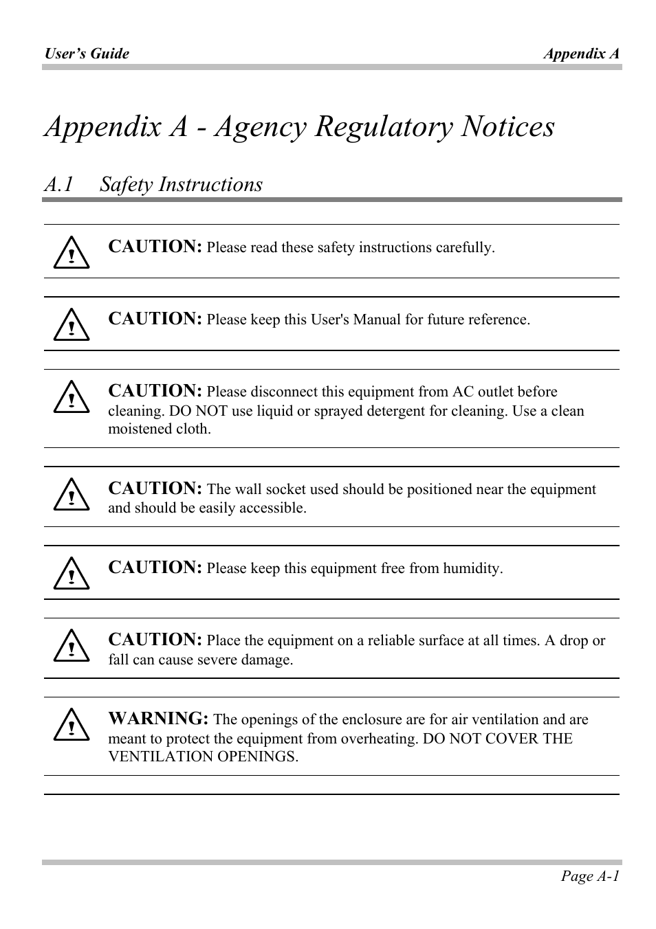 Appendix a - agency regulatory notices, A.1 safety instructions, Caution | Warning | Intel W653UI1 User Manual | Page 37 / 50