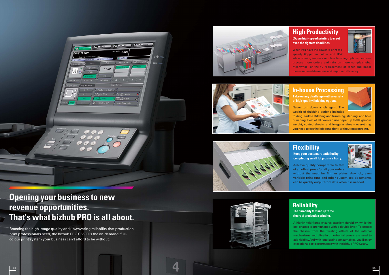 In-house processing high productivity, Flexibility, Reliability | Intel bizhub PRO C6500 User Manual | Page 3 / 8